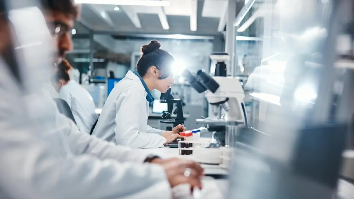Investigadores observando muestras microsc&oacute;picas en el laboratorio - Shutterstock / PeopleImages