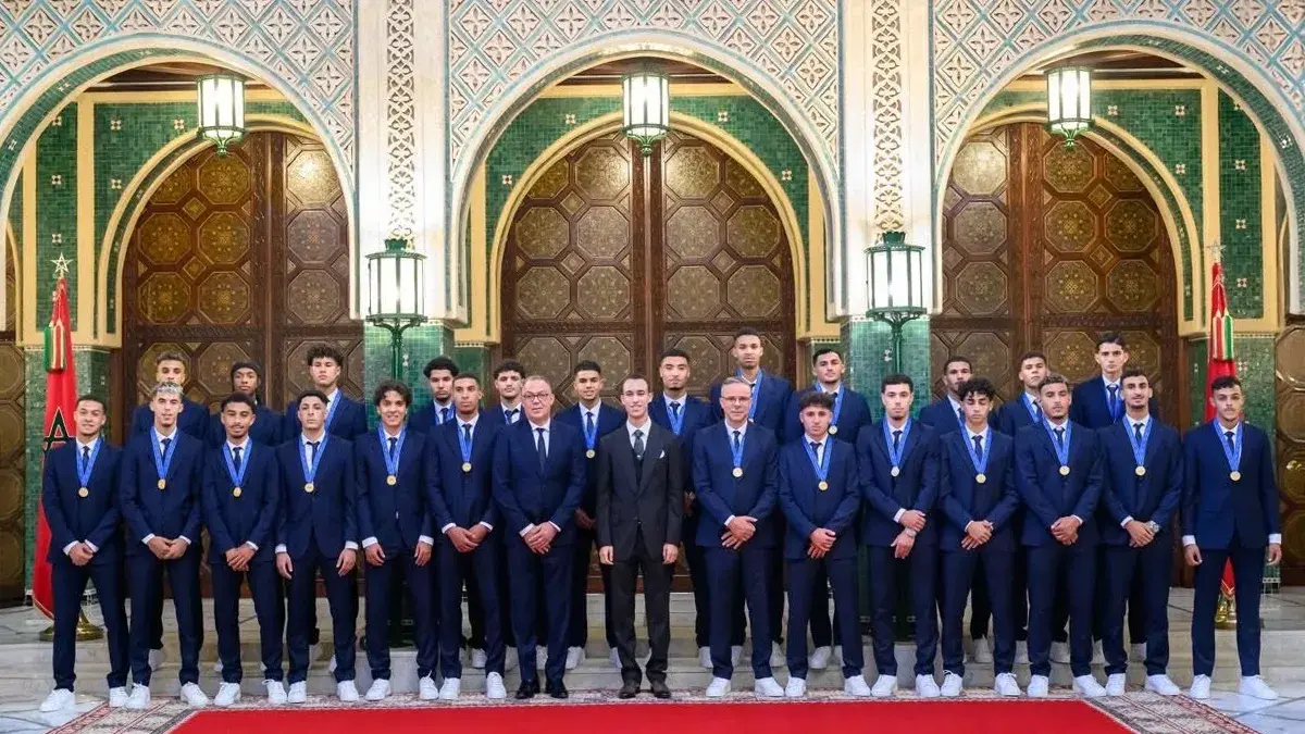 Recepci&oacute;n real del Pr&iacute;ncipe Heredero, Moulay El-Hassan, a la selección sub-20 campeona del mundo en el Palacio Real de Raabat, Marruecos el 22 de octubre de 2025