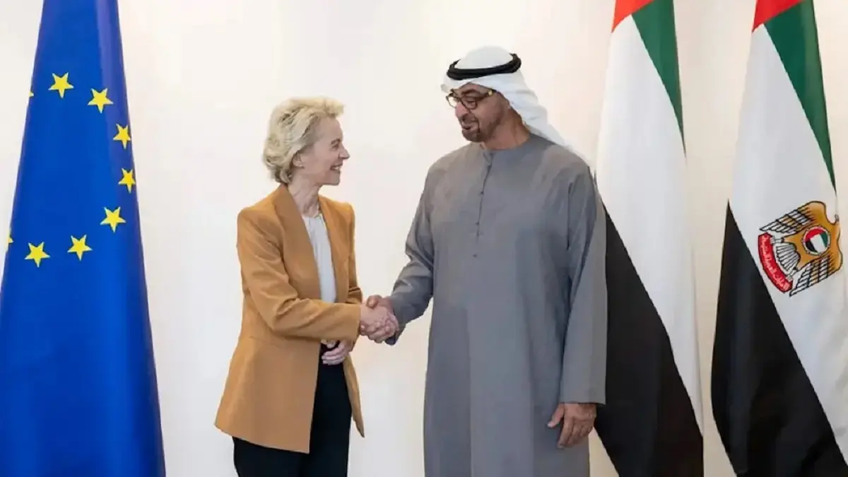 El presidente de los Emiratos, el jeque Mohamed bin Zayed Al Nahyan, y la presidenta de la Comisi&oacute;n Europea, Ursula von der Leyen - PHOTO/WAM