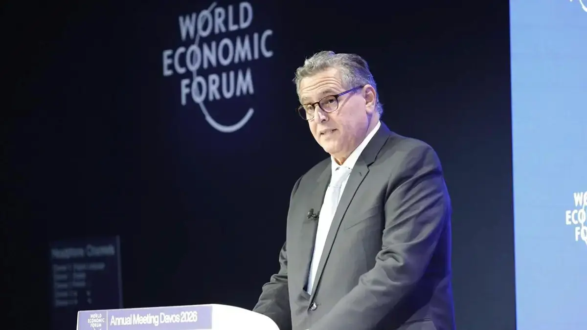 Aziz Akhannouch, primer ministro de Marruecos, durante su intervenci&oacute;n en el Foro de Davos - PHOTO/PRESIDENCIA DE MARRUECOS