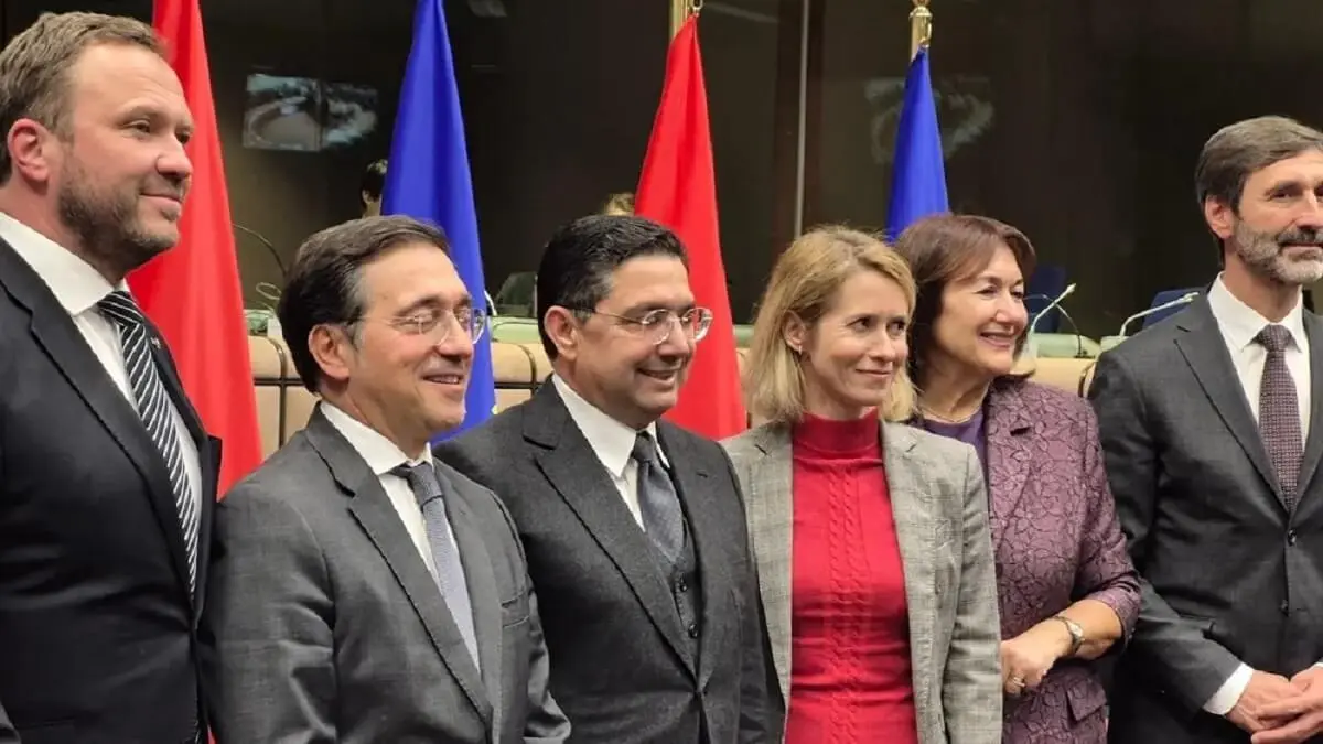 El ministro de Asuntos Exteriores, Cooperaci&oacute;n Africana y Marroqu&iacute;es que viven en el Extranjero, Nasser Bourita, y el Alto Representante para Asuntos Exteriores y Pol&iacute;tica de Seguridad de la Uni&oacute;n Europea, Kaya Kalas