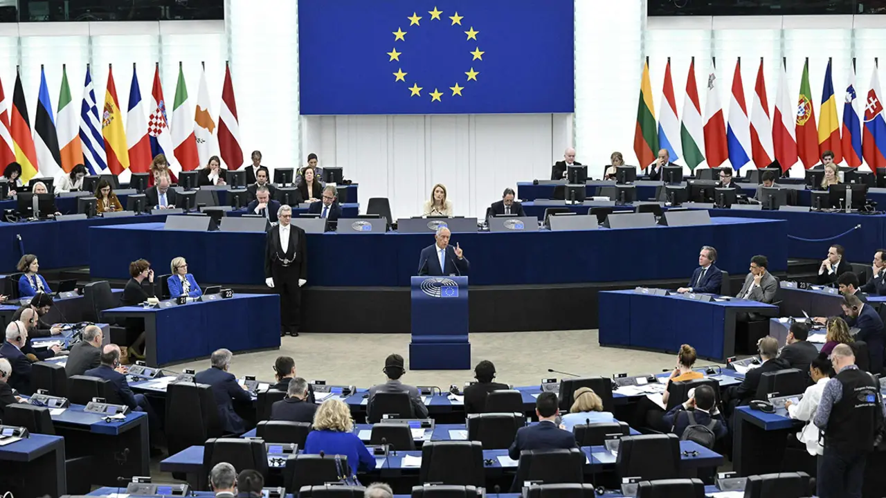 Portugal's President Marcelo Rebelo de Sousa addresse's MEPs in a formal sitting during a plenary session at the European Parliament in Strasbourg, eastern France, on May 10, 2023. (Photo by Frederick FLORIN / AFP)