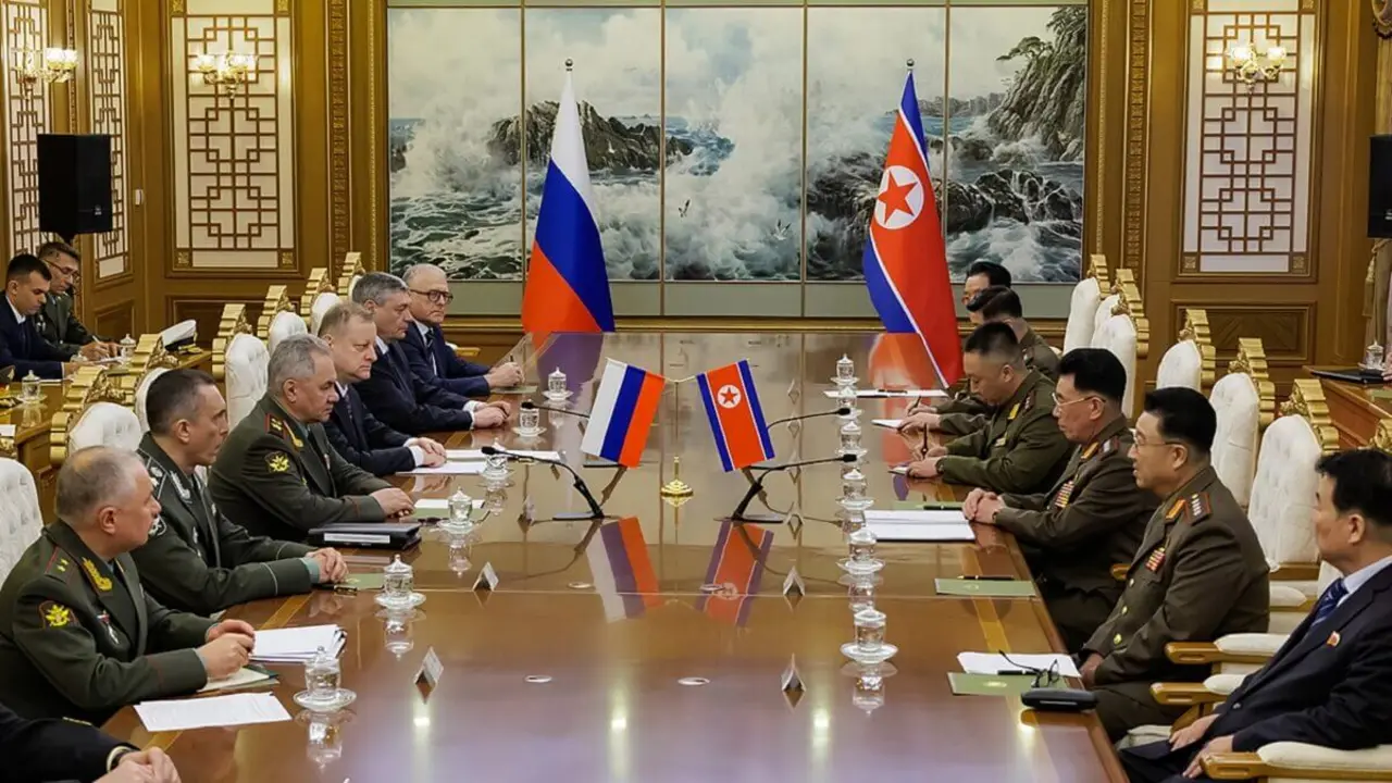 PHOTO/AFP PHOTO/Russian Defence Ministry/handout - Esta foto tomada el 26 de julio de 2023 y difundida por el Ministerio de Defensa ruso muestra al ministro de Defensa ruso, Sergei Shoigu, reunido con su homólogo norcoreano, Kang Sun Nam, en Pyongyang