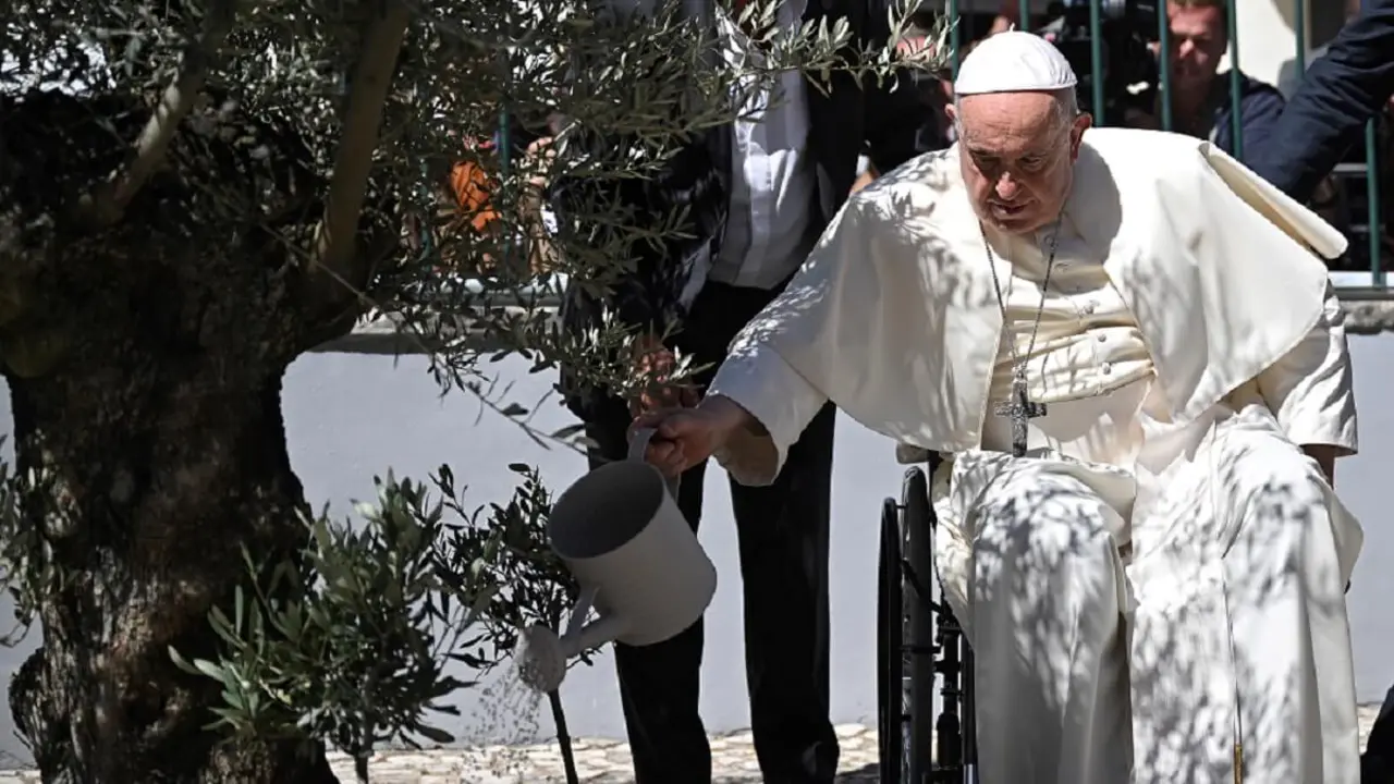PHOTO/POOL/AFP/MARCO BERTORELLO - El papa Francisco riega un olivo mientras visita la fundación educativa Scholas Occurrentes tras un encuentro con jóvenes miembros en Cascais, durante su visita de cinco días para asistir al encuentro de jóvenes católicos de la Jornada Mundial de la Juventud (JMJ), el 3 de agosto de 2023