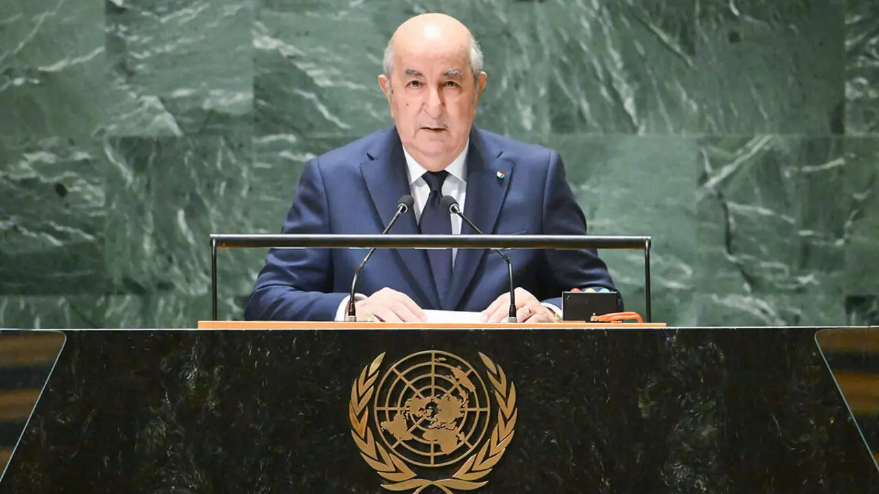 El presidente argelino Abdelmadjid Tebboune se dirige a la 78ª Asamblea General de las Naciones Unidas en la sede de la ONU en Nueva York el 19 de septiembre de 2023 - AFP/ANGELA WEISS
