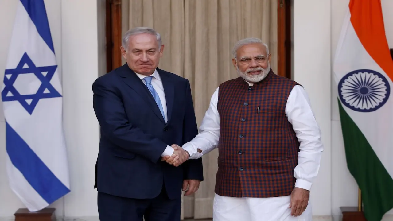 FILE PHOTO: Israeli Prime Minister Benjamin Netanyahu shakes hands with his Indian counterpart Narendra Modi during a photo opportunity ahead of their meeting at Hyderabad House in New Delhi, India, January 15, 2018. REUTERS/Adnan Abidi/File Photo
