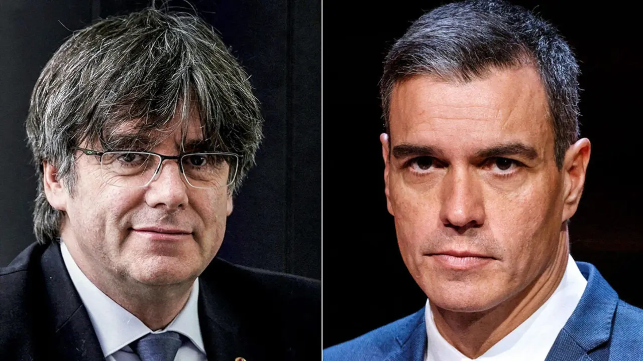 El miembro del Parlamento Europeo y expresidente catalán Carles Puigdemont y el presidente de España Pedro Sánchez  

AFP/KENZO TRIBOUILLARD y LUDOVIC MARIN