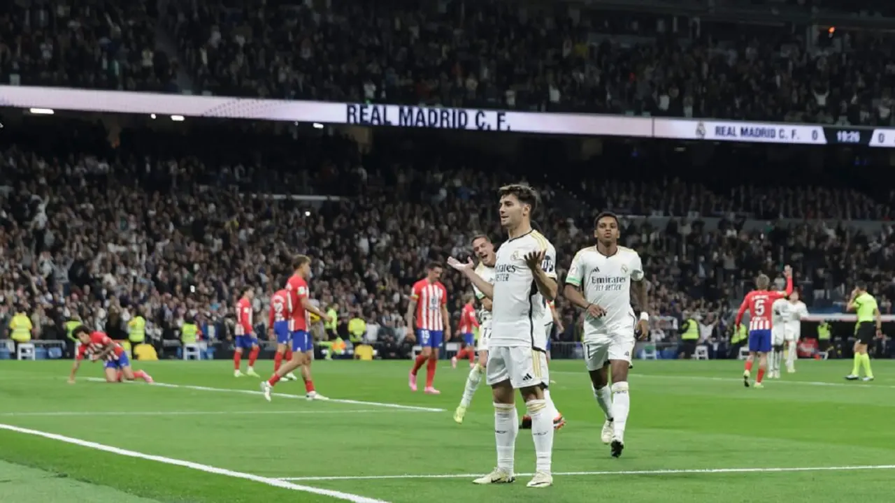 Brahim Diaz del Real Madrid celebra un gol durante el partido de La Liga 2023/24 entre el Real Madrid y el Atlético de Madrid en el Estadio Santiago Bernabéu en Madrid, España, el 4 de febrero – PHOTO/Guillermo Martínez/NurPhoto/NurPhoto via AFP