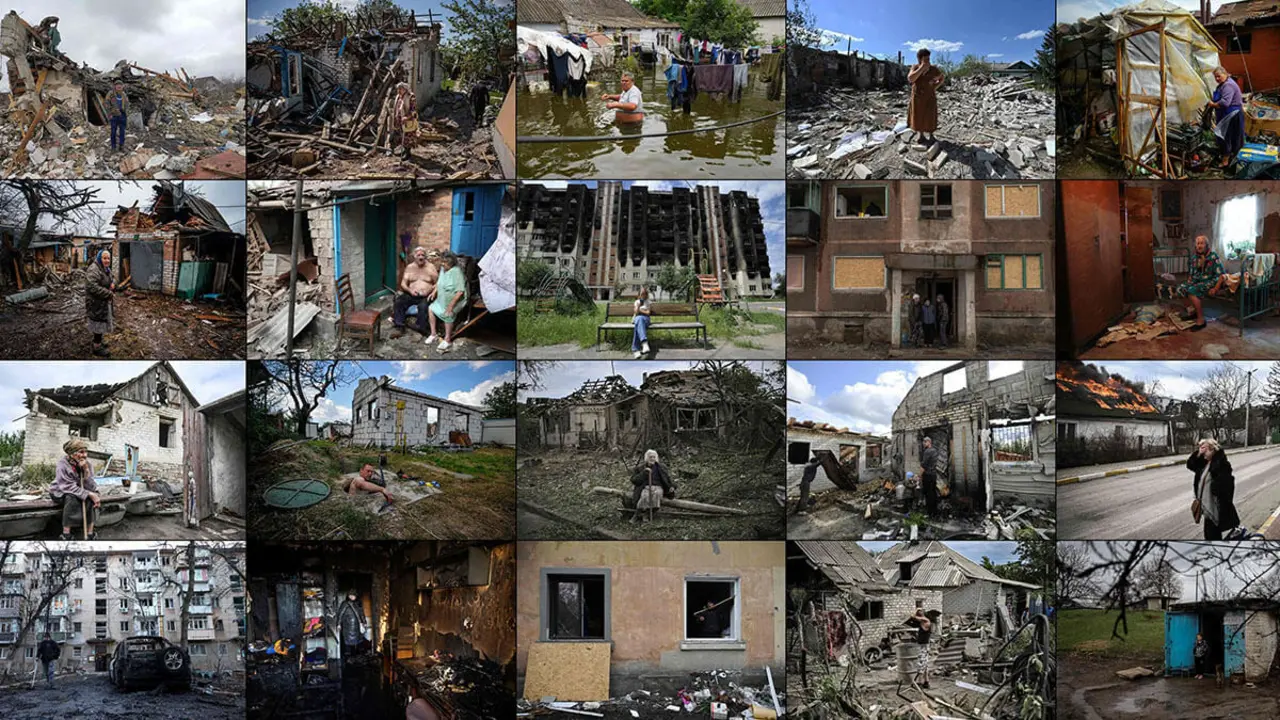 PORTADA 

Una combinación de imágenes creadas el 9 de febrero de 2024 muestra a ucranianos fotografiados entre edificios y casas destruidos durante los dos años de la invasión rusa de Ucrania - PHOTO/AFP