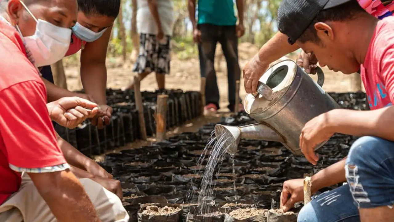 América Latina necesita aumentar su recaudación tributaria para invertir en desarrollo sostenible. En la imagen, un grupo de personas atiende un vivero de semillas en un proyecto del Programa Mundial de Alimentos (PMA) en Honduras para adaptación al cambio climático -&nbsp;PMA/Julian Frank