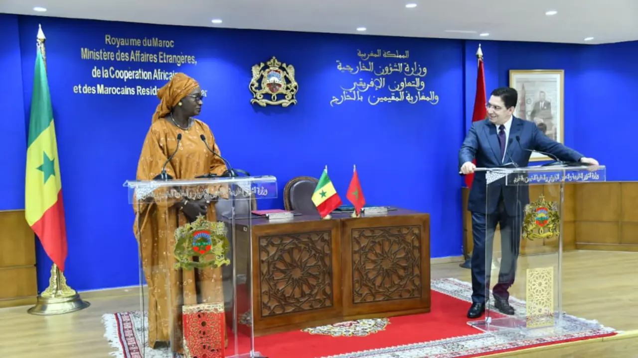 Rueda de prensa conjunta entre el ministro marroquí de Asuntos Exteriores, Nasser Bourita, y su homóloga senegalesa, Yassine Fall - @MarocDiplomatie