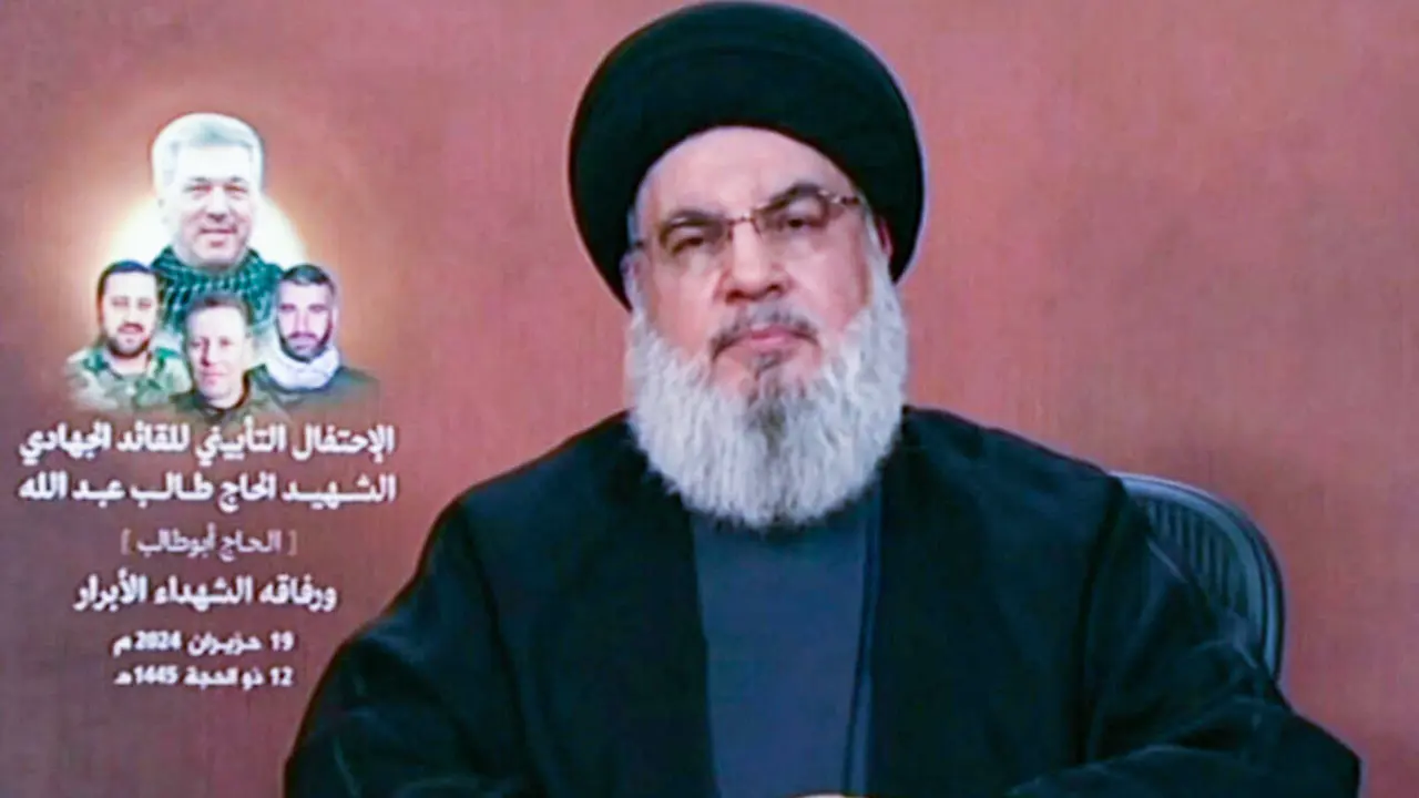 Hassan Nasrallah advirtió que ningún lugar de Israel se libraría de los ataques de Hezbolá en caso de una guerra total, después de que las FDI aprobase planes operativos para una ofensiva en el Líbano - AFP/ AL-MANAR&nbsp;