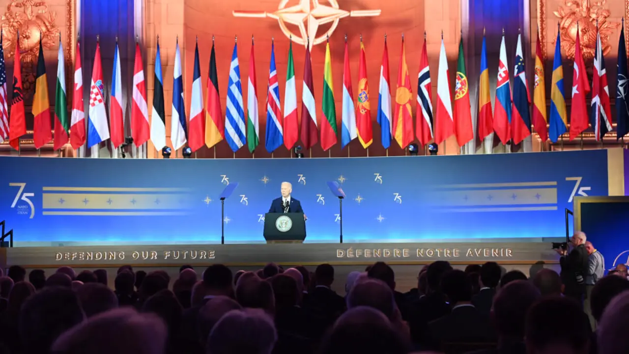 El presidente de los Estados Unidos, Joe Biden, pronuncia un discurso en el 75º aniversario de la OTAN - Kyle Mazza / NurPhoto / NurPhoto vía AFP