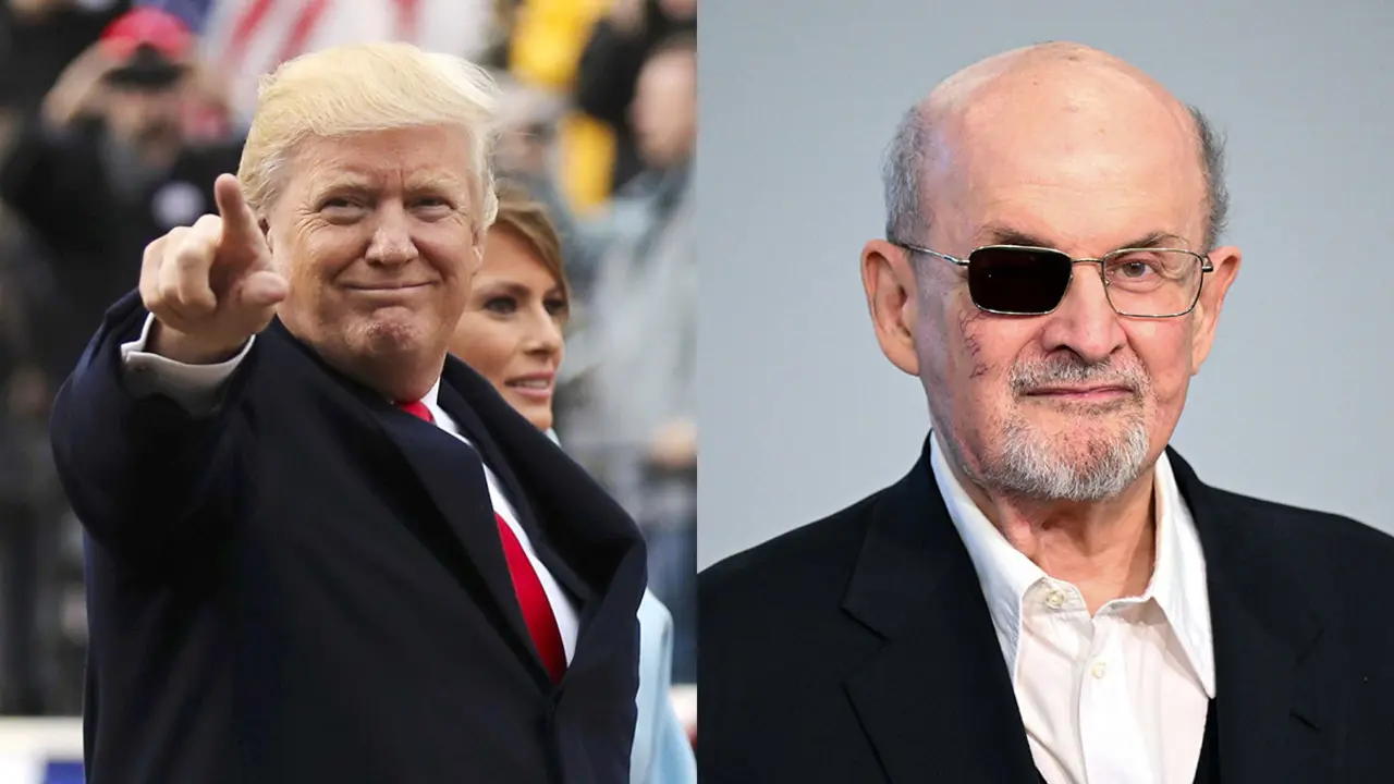 <p>Combinación de imágenes del presidente estadounidense Donald Trump, el 20 de enero de 2017 y del autor británico-estadounidense Salman Rushdie  - PHOTO/REUTERS/CARLOS BERRIA &amp; AFP/KIRILL KUDRYAVTSEV&nbsp;</p>
