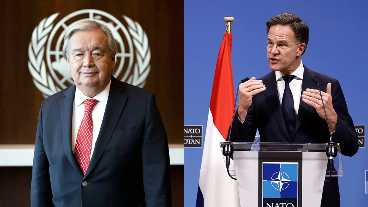 <p>Combinación de imágenes de Mark Rutte, durante una conferencia de prensa en la sede de la OTAN en Bruselas, el 17 de abril de 2024 y del secretario general de la ONU, Antonio Guterres - AFP/ANGELA WEISS Y KENZO TRIBOUILLARD &nbsp;</p>
