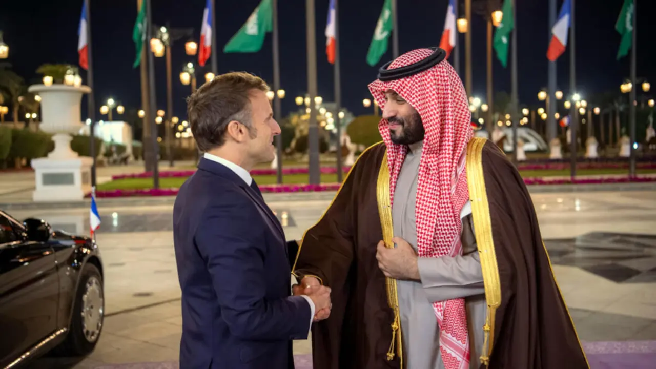 Emmanuel Macron, presidente de Francia, con el príncipe heredero de Arabia Saudí, Mohamed Bin Salman, en las inmediaciones del Palacio de Al-Yamamah - PHOTO/@Spa_Eng