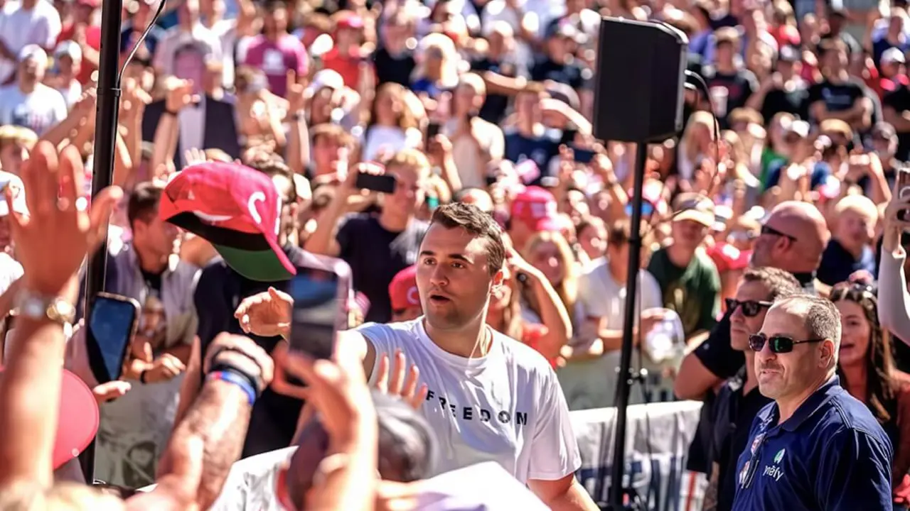 Charlie Kirk, fundador de Turning Point USA, durante el acto en la Universidad de Utah donde fue asesinado tras ser disparado el 10 de septiembre de 2025 - PHOTO/REDES SOCIALES