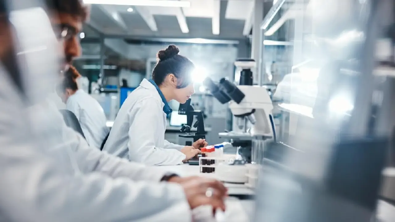 Investigadores observando muestras microsc&oacute;picas en el laboratorio - Shutterstock / PeopleImages