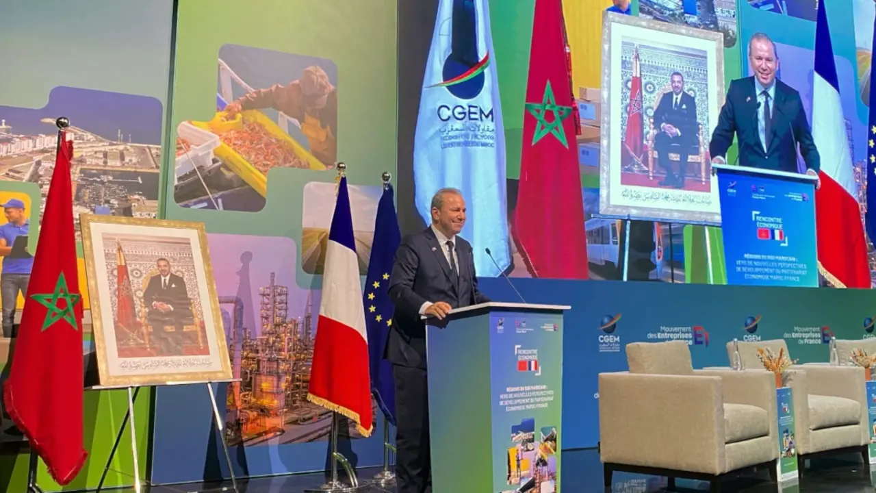 Karim Zidane, ministro de Industria de Marruecos, durante su intervenci&oacute;n en el Foro Económico Francia-Marruecos - PHOTO/CGEM