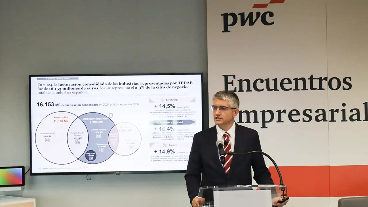 En el informe de PwC para TEDAE presentado por el socio responsable de Economics de la consultora, Jordi Esteve, se recoge que los productos y servicios de defensa tuvieron una cifra de negocio de 9.364 millones en 2024 -&nbsp;PHOTO/TEDAE