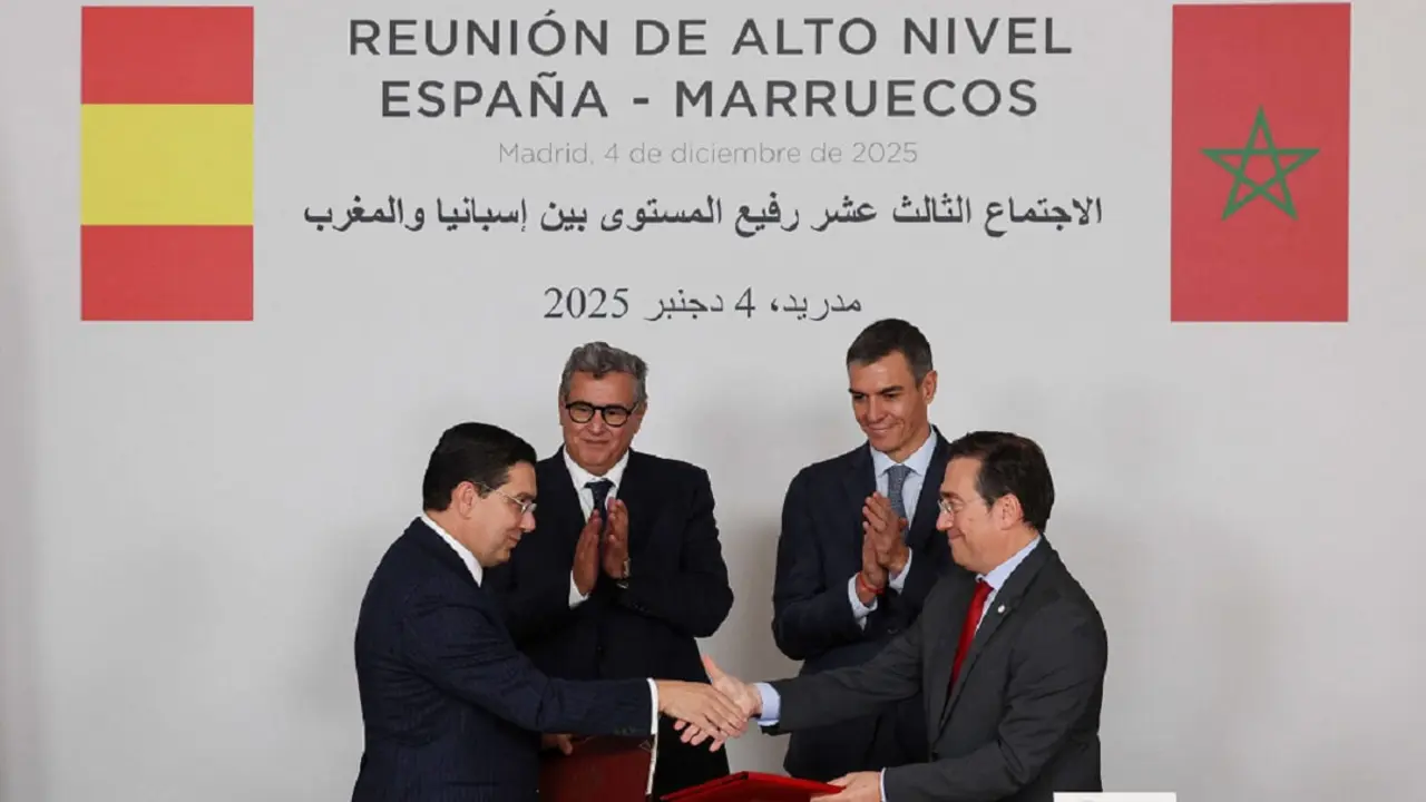 Aziz Akhannouch, Pedro S&aacute;nchez, Nasser Bourita y Jos&eacute; Manuel Albares en la Reuni&oacute;n de Alto Nivel entre Espa&ntilde;a y Marruecos en Madrid - PHOTO/REUTERS/VIOLETA SANTOS