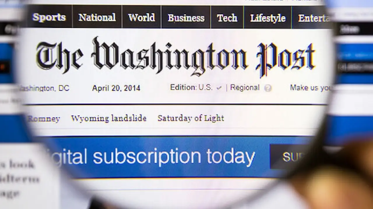 Bangkok Thailand  APRIL 20 2014: Photo of The Washington Post Monitor homepage on a monitor screen through a magnifying glass.