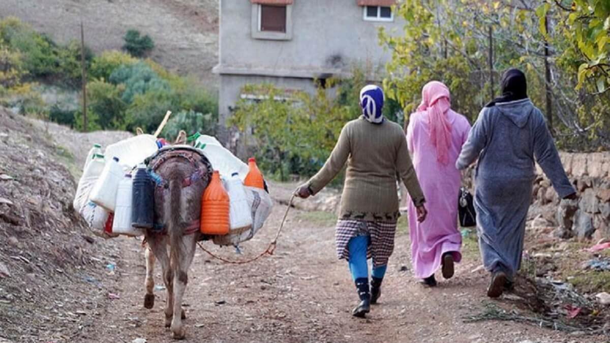 PHOTO/REUTERS -  Tres mujeres caminan con su burro llevando recipientes de plástico con agua a sus casas a las afueras de Azrou, en Marruecos