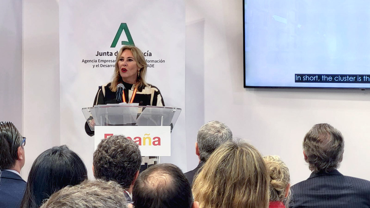 PHOTO/Junta Andalucía - Carolina España, consejera de Economía del gobierno andaluz, ha presentado en Le Bourget la séptima edición del encuentro ADM 2024, que tendrá lugar del 14 al 16 de mayo en Sevilla