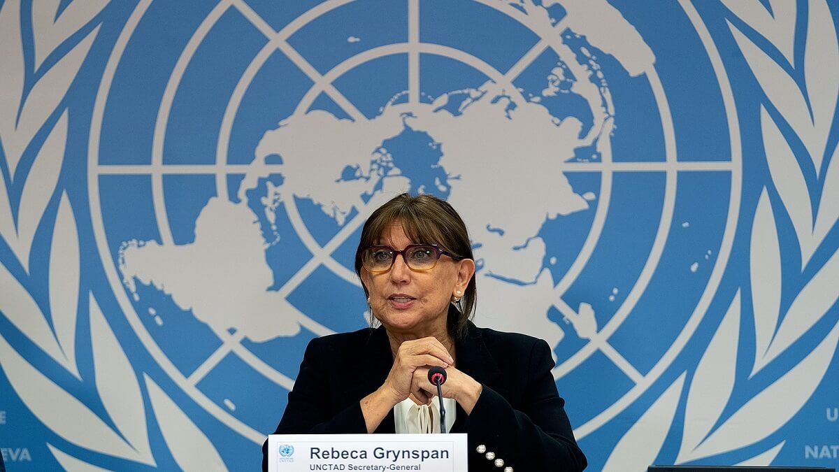 FOTO/UNCTAD Photo/Tim Sullivan - La Secretaria General de la UNCTAD, Rebeca Grynspan, durante la rueda de prensa de la primera parte del Informe sobre el Comercio y el Desarrollo en 2021