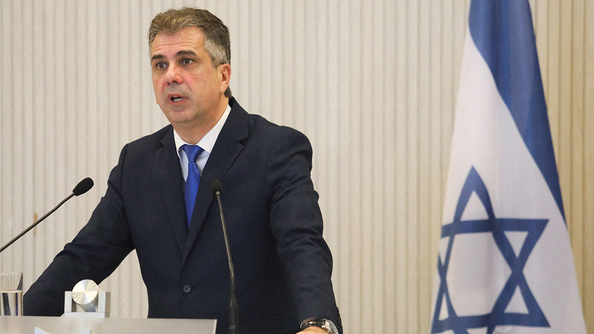 FILE PHOTO: Israeli Foreign Minister Eli Cohen talks during a news conference with Cyprus Foreign Minister Constantinos Kombos and Greek Foreign Minister Nikos Dendias at the Presidential Palace in Nicosia, Cyprus March 31, 2023. REUTERS/Yiannis Kourtoglou/File Photo
