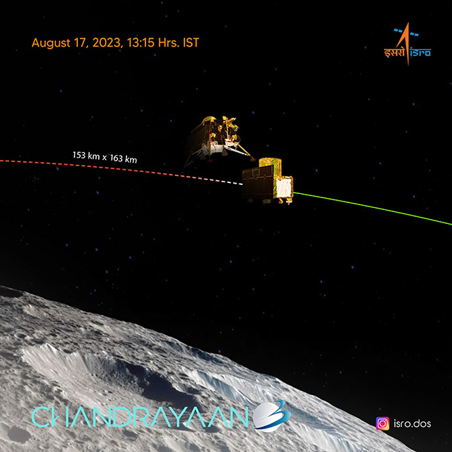 PHOTO/ISRO - La misión Chandrayaan-3 despegó el 14 de julio. El 5 de agosto alcanzó la órbita lunar, el 17 estaba en una órbita elíptica a unos 150 kilómetros de la Luna y desde el 23 se encuentra en su superficie.