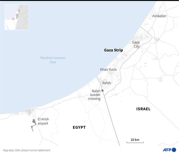 Mapa que muestra el cruce fronterizo de Rafah entre la Franja de Gaza y Egipto
AFP/LAURENCE SAUBADU Y SYLIVIE HUSSON