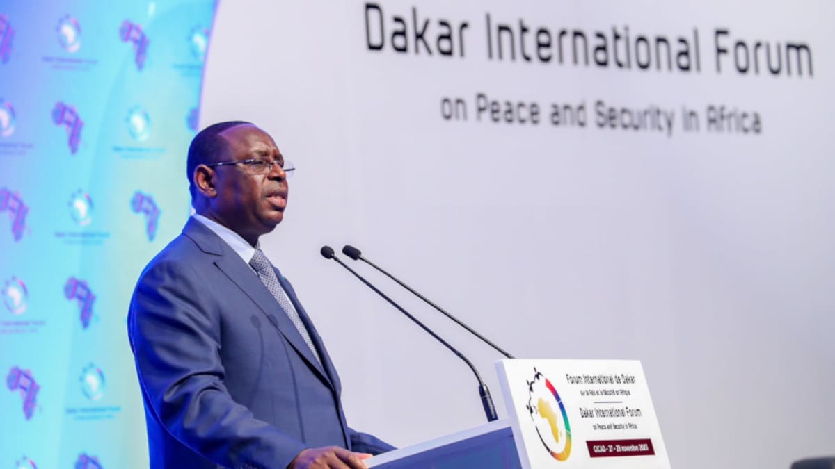 Macky Sall, presidente de Senegal durante el discurso inaugural del IX Foro Internacional de Dakar sobre la Paz y la Seguridad en África - PHOTO/REDES