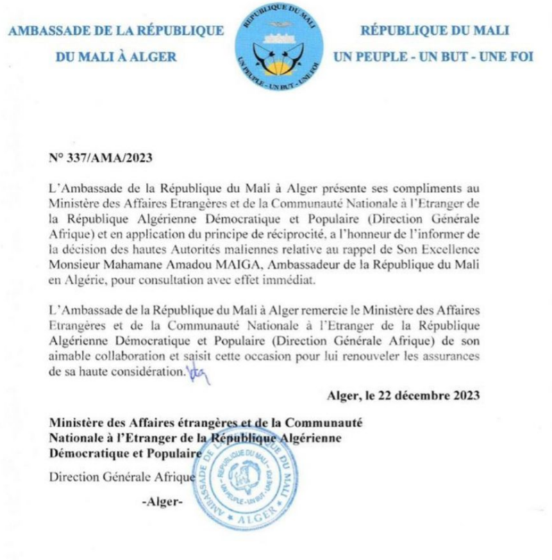 Lettre ambassade du Mali à Alger