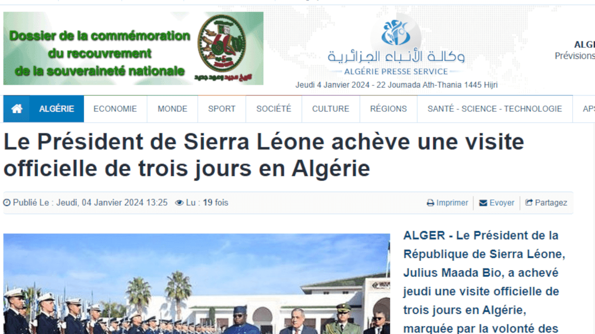 L'APS mentionne bien que la visite du président sierra-léonais avait duré 3 jours