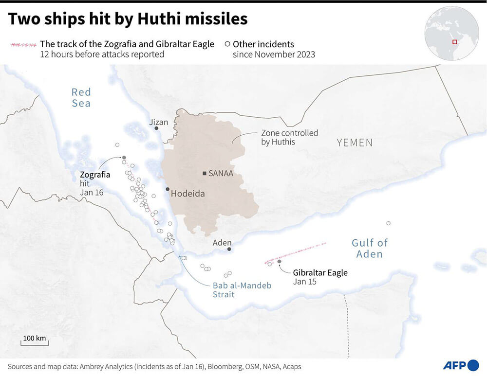 Mapa del Mar Rojo y el Golfo de Adén, que muestra dos barcos alcanzados por misiles el 15 y 16 de enero de 2024 e incidentes reportados desde noviembre de 2023 en la región  (AFP/PAZ PIZARRO Y SYLVIER HUSSON)