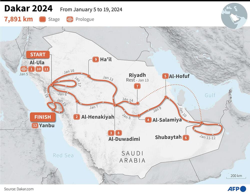 Mapa que muestra el recorrido del Rally Dakar 2024 en Arabia Saudí (AFP/GUILLERMO RIVAS PACHECO Y JEAN- MICHAEL CORNU)