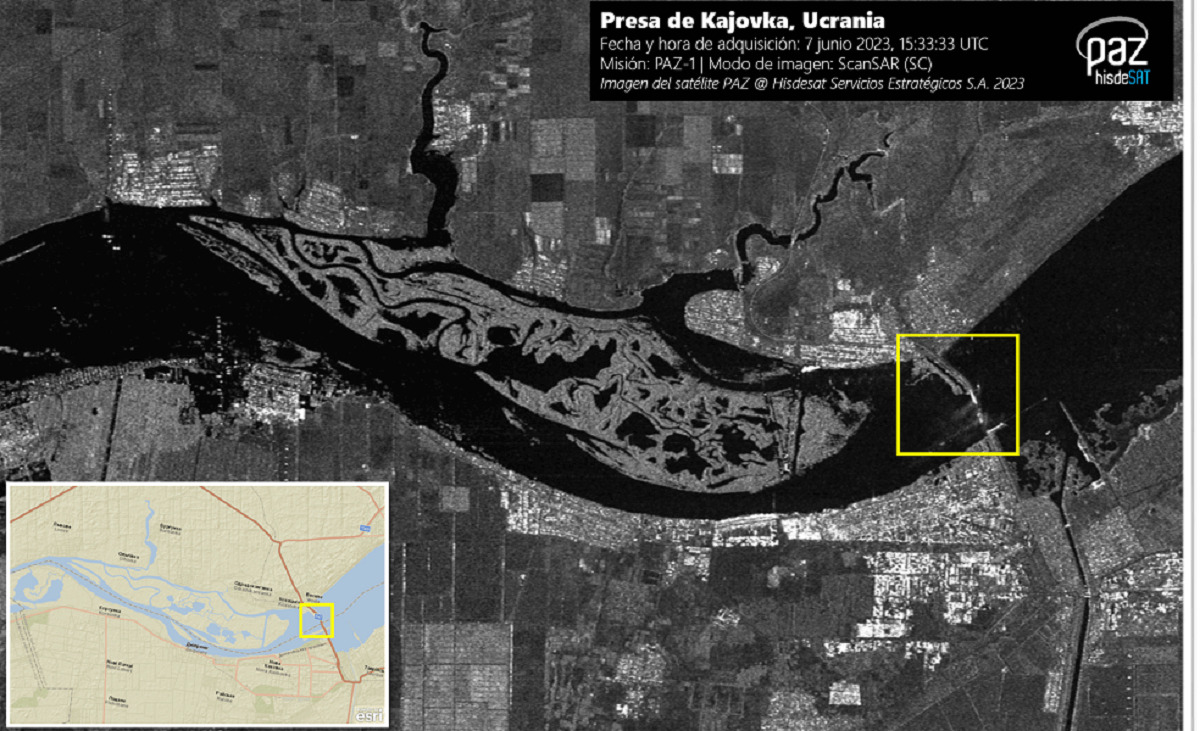 Software especiales y el conocimiento y experiencia de los analistas de imágenes permiten extraer mucha inteligencia de una fotografía en la que aparentemente solo se aprecia una presa ucraniana destruida - PHOTO/Hisdesat