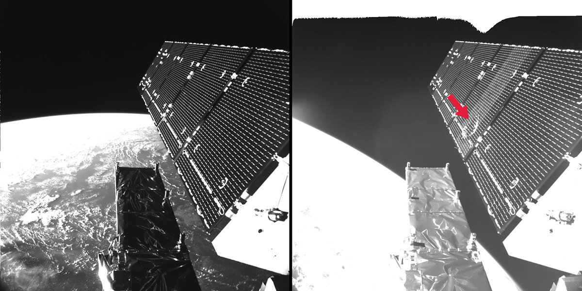 El satélite radar Sentinel-1A de la ESA situado a 700 kilómetros de altura sufrió el 23 de agosto de 2016 el impacto de un diminuto escombro. Afectó una zona de 40 centímetros de diámetro de uno de sus paneles solares - PHOTO/ESA