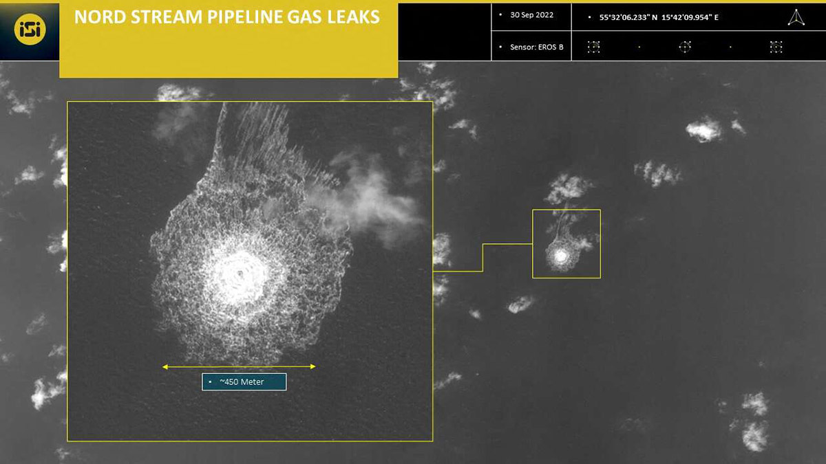 Una imagen publicada por ImageSat International (ISI) el 30 de septiembre de 2022 muestra una imagen de un informe de inteligencia que muestra una liberación de gas que emana de una fuga en el gasoducto Nord Stream 1, en la zona económica sueca en el Mar Báltico - AFP/HO /ImageSat International (ISI)