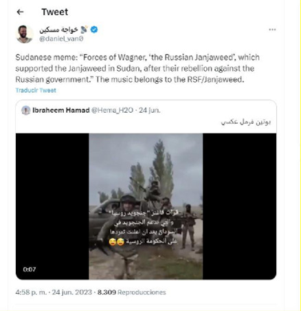 Figura 1: imagen tomada de un video de X que muestra a las fuerzas de Wagner bailando al ritmo de la música folclórica sudanesa con la leyenda «el janjaweed ruso», lo que permite establecer un vínculo entre los mercenarios y el grupo de milicias del que se formaron las RSF