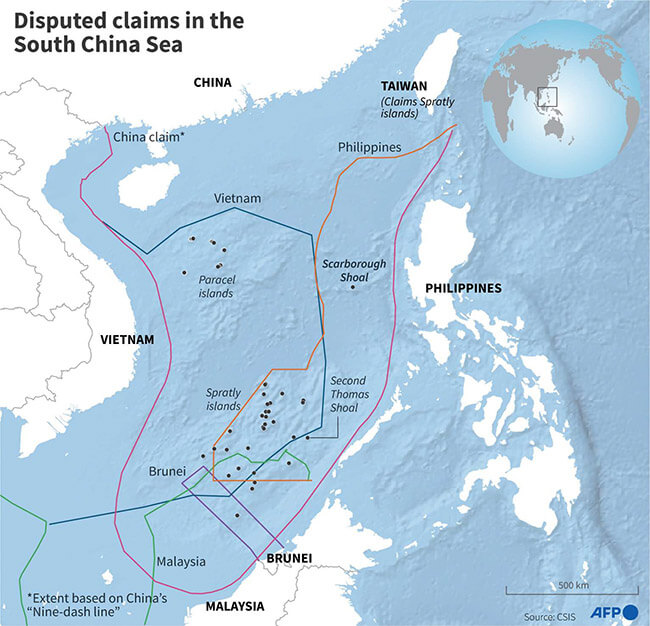 Mapa que muestra el alcance de los reclamos en disputa en el Mar de China Meridional - AFP/AFP