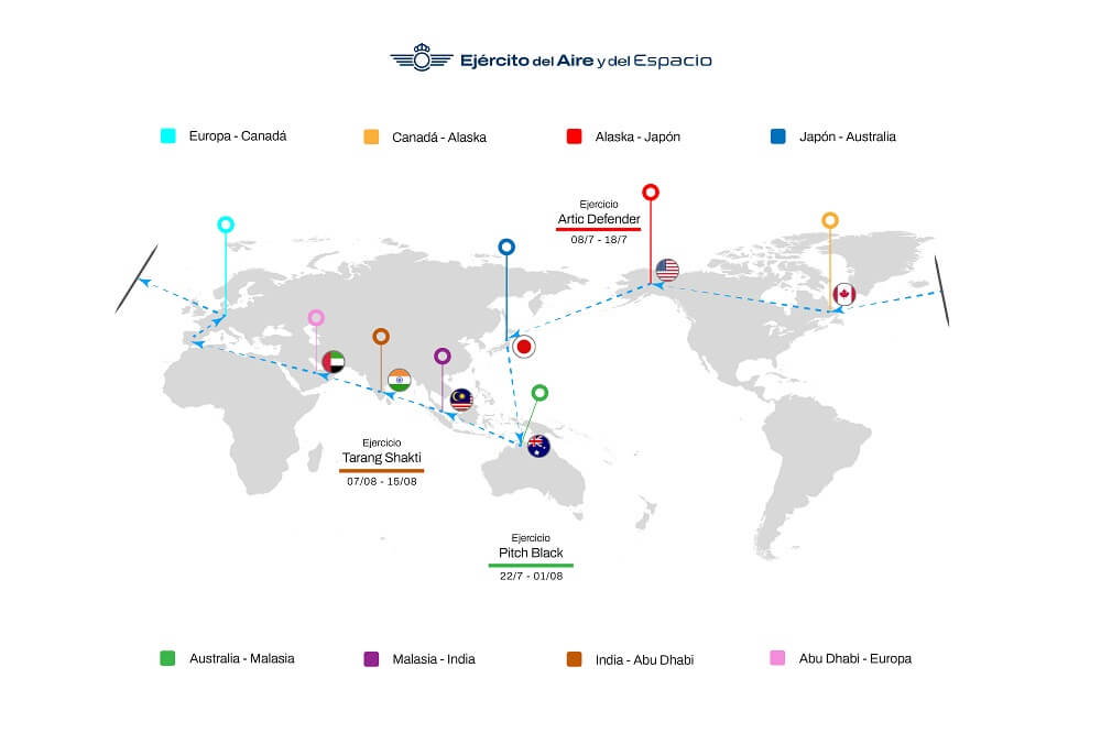 Secuencia del itinerario, fechas, escalas y ejercicios aéreos multinacionales que van a ejecutar los aviones y aviadores españoles hasta mediados de agosto - PHOTO/EAE