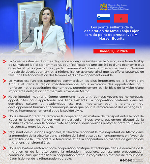 Lo más destacado de la declaración de la ministra Tanja Fajon en la rueda de prensa - PHOTO/@MarocDiplomatie