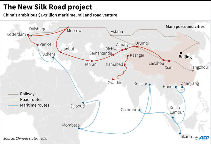 Mapa que muestra la Nueva Ruta de la Seda, un enorme proyecto de infraestructura chino de rutas de carreteras, ferrocarriles y barco - AFP/LAURENCE CHU