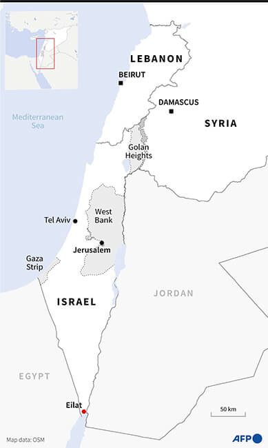 Mapa que muestra el oeste de Siria, Israel y la ciudad de Eilat, los territorios palestinos y el Líbano - AFP/VALENTINA BRESCHI Y SYLVIE HUSSON