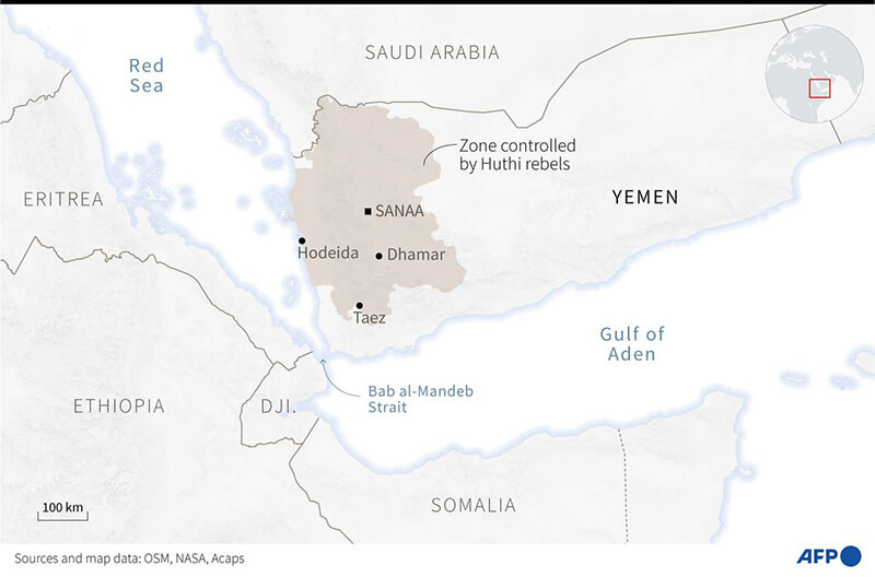 Mapa del mar Rojo y Yemen que muestra la zona controlada por los rebeldes hutíes - AFP/VALENTIN RAKOVSY Y PAZ PIZARRO