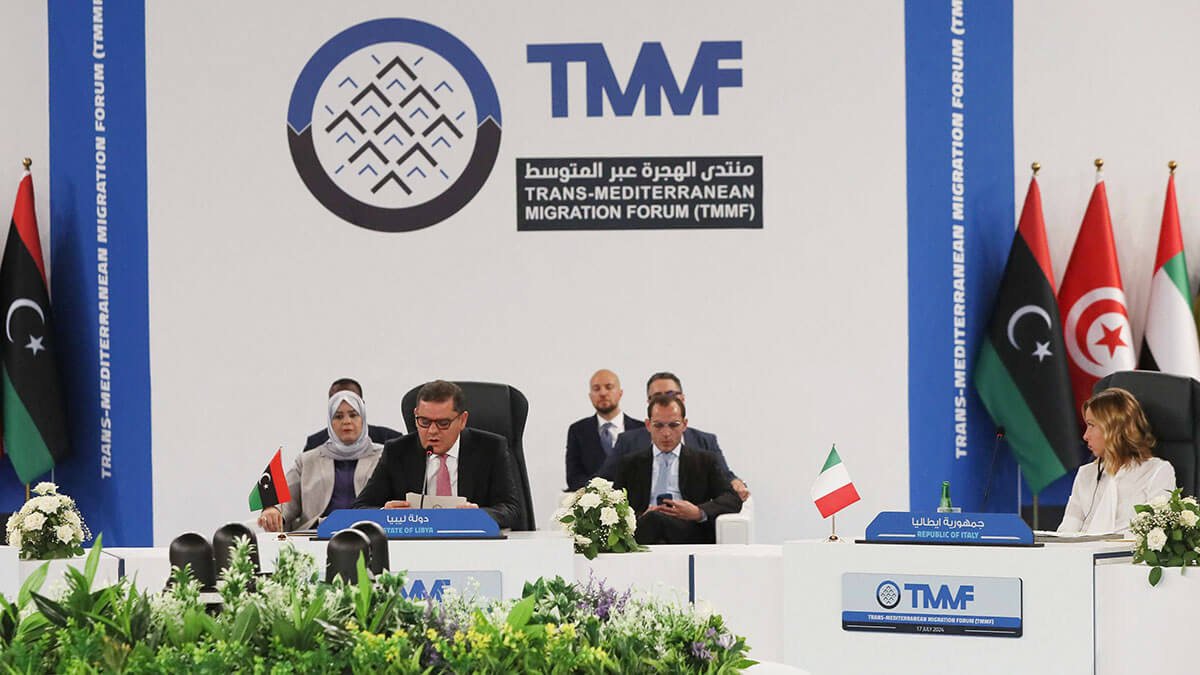El primer ministro interino de Libia, Abdulhamid Dbeibah, se dirige al Foro Transmediterráneo sobre Migración<br />
PHOTO/AFP