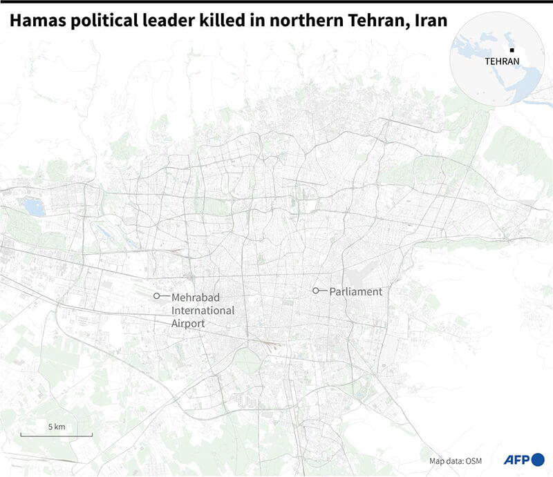 <p>Mapa de Irán que muestra la capital Teherán, donde Hamás dice que su líder político Ismail Haniyeh fue asesinado el 31 de julio - AFP/NALINI LEPETIT-CHELLA y OMAR KAMAL </p>
