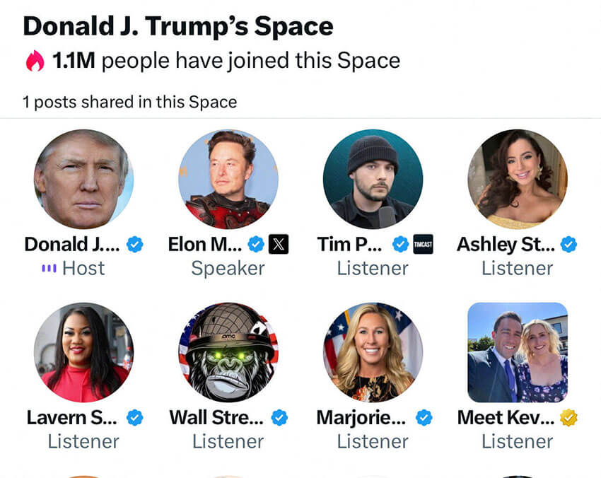 El espacio de Donald J. Trump se ve en una captura de pantalla de la red social X mientras el empresario multimillonario Elon Musk entrevista al candidato presidencial republicano y expresidente de EE. UU. Donald Trump, mientras el sitio superaba problemas técnicos el 12 de agosto de 2024 - PHOTO/CORTESÍA DE @realdonaldtrump/X vía REUTERS